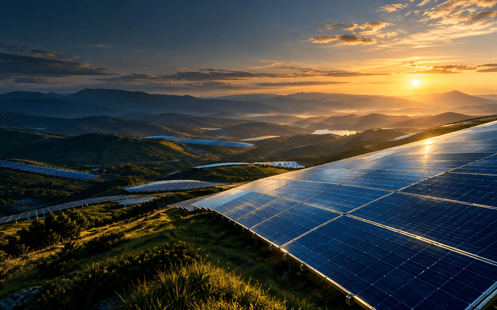 Solar panels across green hills